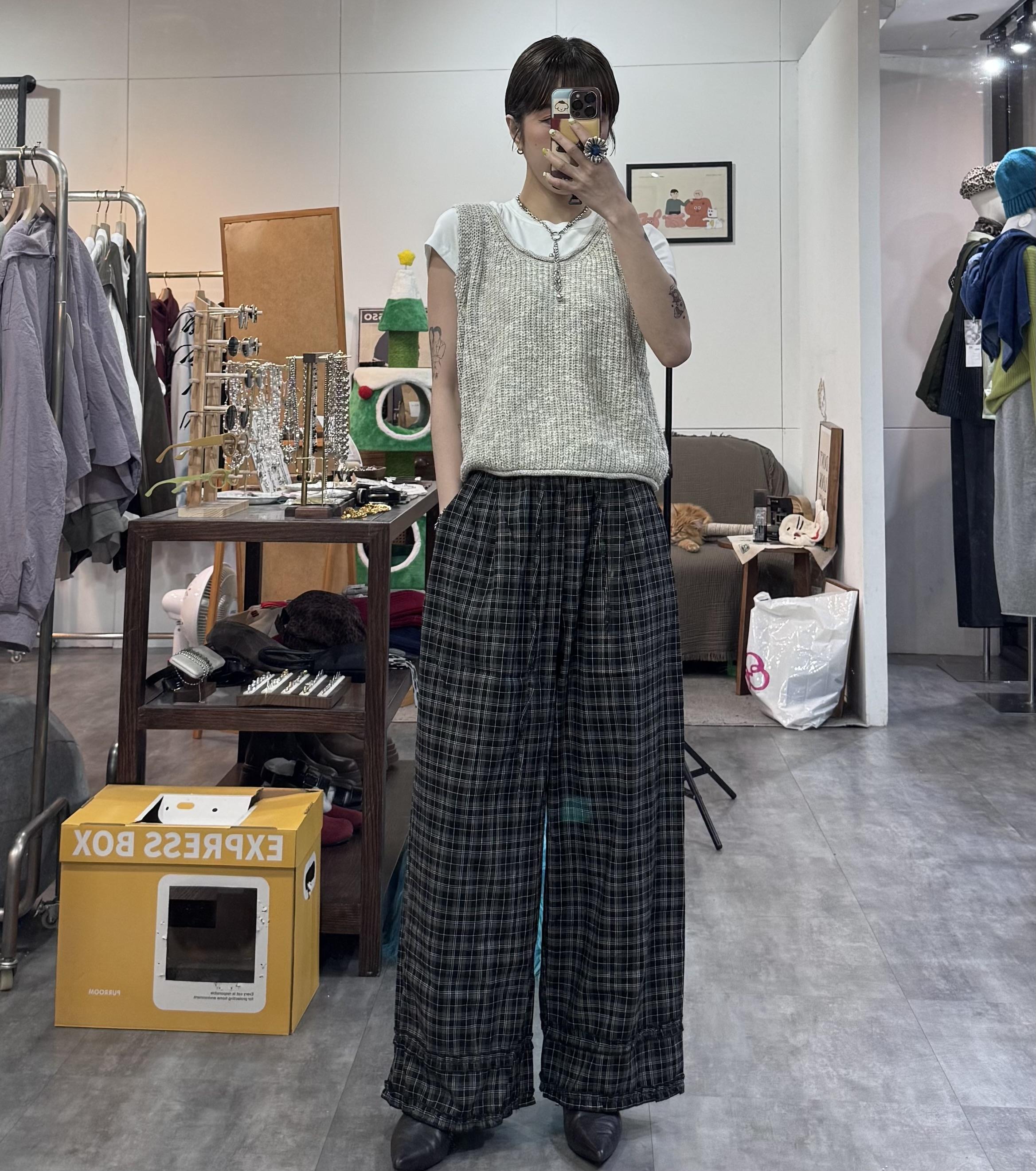 日系雙層荷葉邊格紋褲