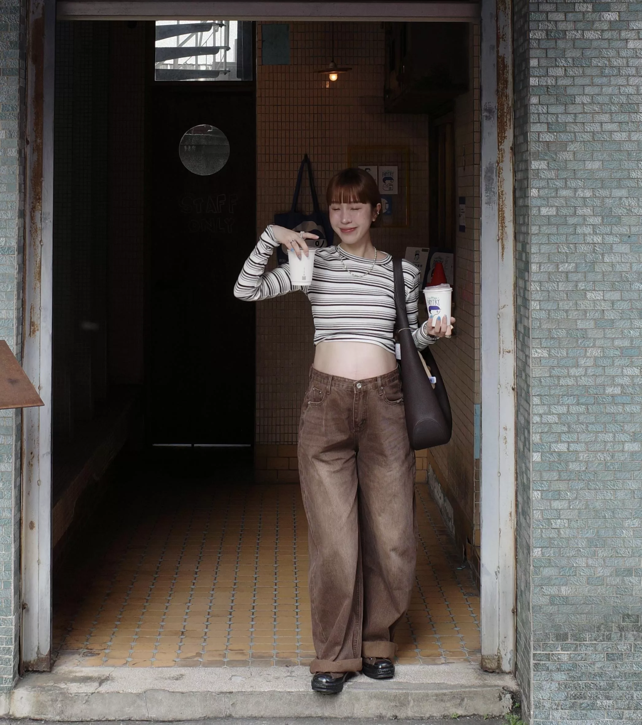 高腰坑條牛仔寬褲