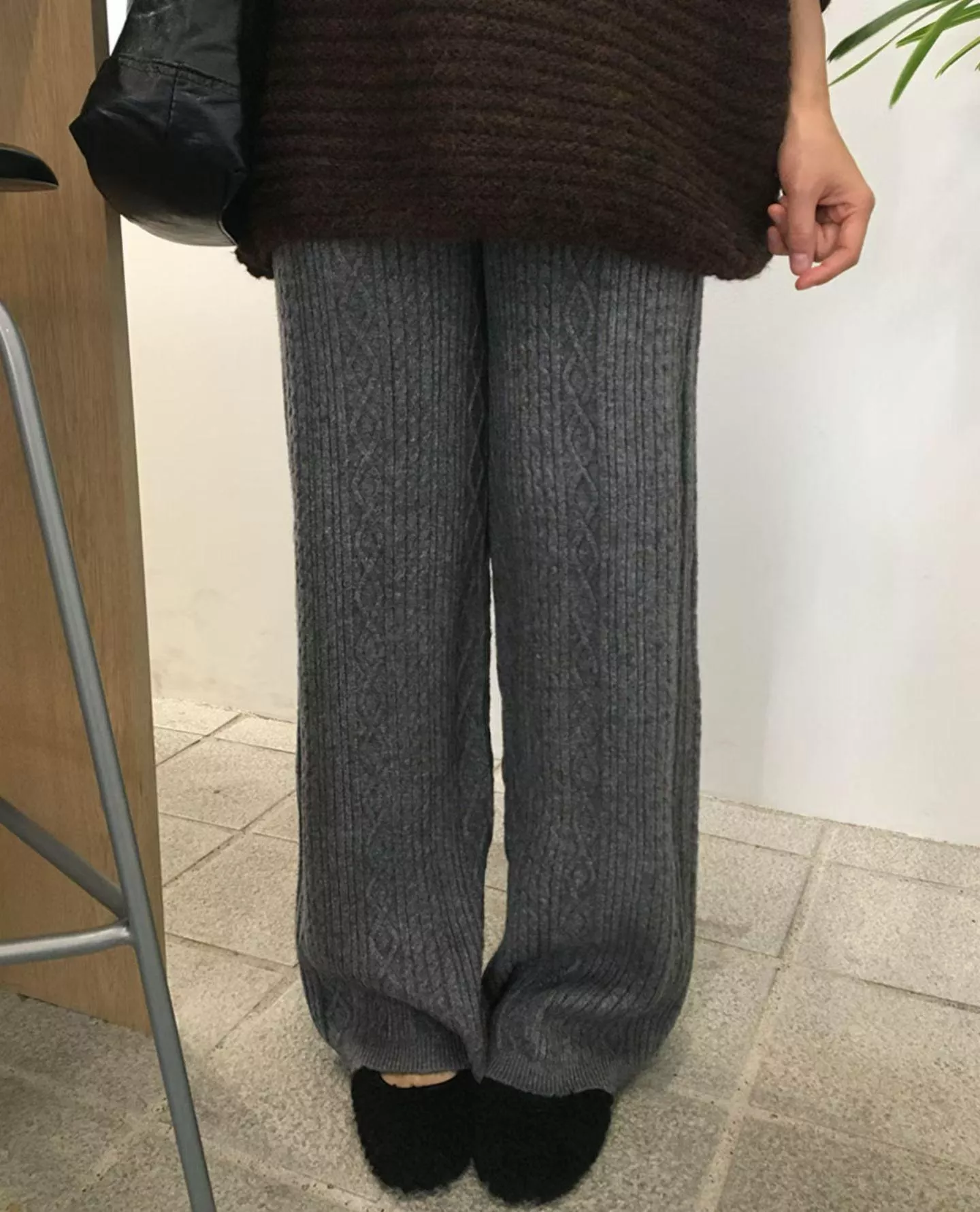 鬆緊麻花針織褲