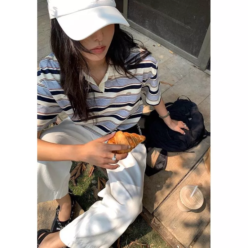 BeigeClothig✤｜𝐌𝐚𝐲.26 休閒寬鬆撞色條紋polo上衣