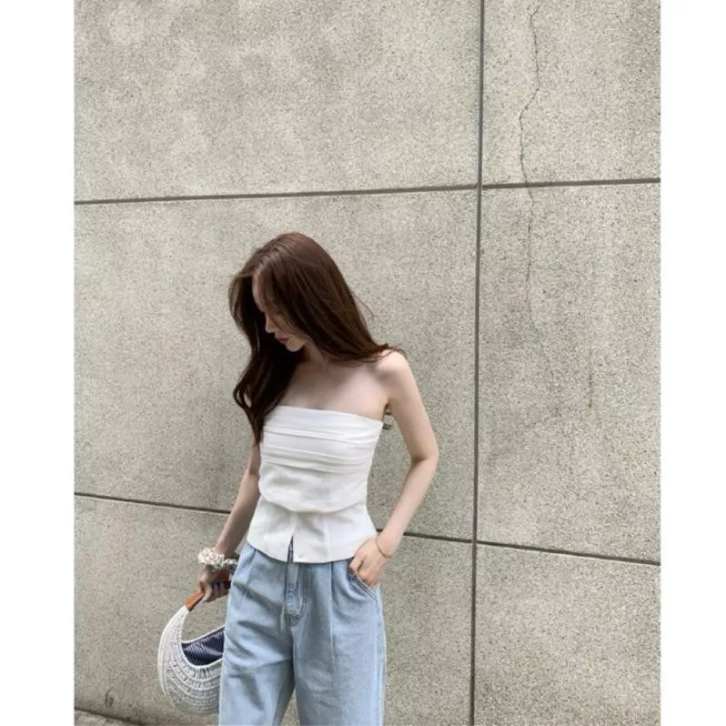 BeigeClothig✤｜𝐒𝐞𝐩.05 法式小性感褶皺設計排扣平口上衣