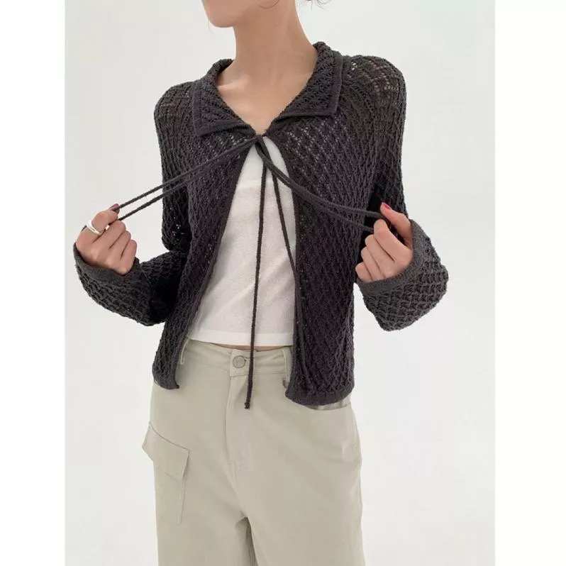 BeigeClothig✤｜𝐒𝐞𝐩.05 鏤空翻領綁帶針織外搭疊穿上衣