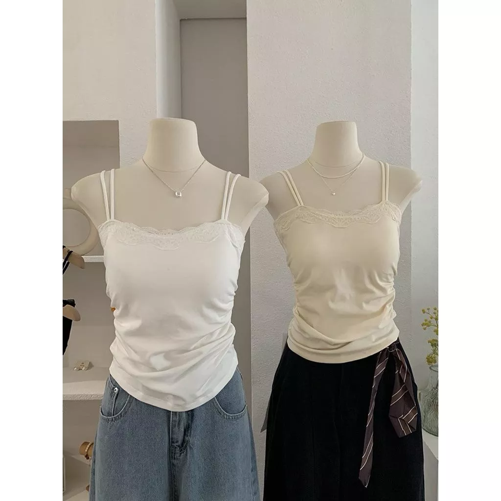 BeigeClothig✤｜𝐎𝐜𝐭.03 高彈褶皺拼接蕾絲磨毛細肩打底背心（有胸墊）