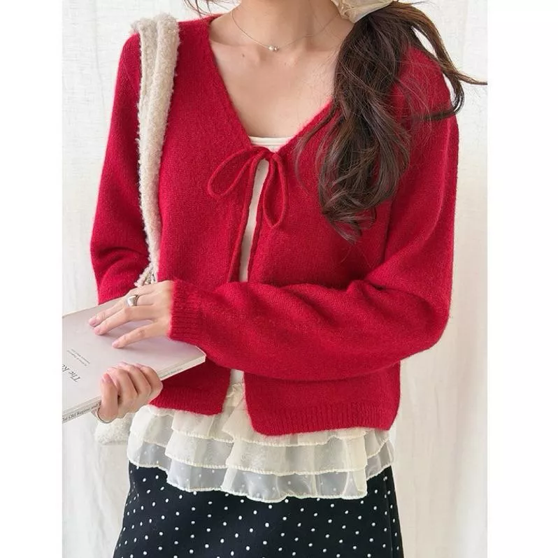 BeigeClothig✤｜𝑱𝒂𝒏.07 兩件式 羊毛針織綁帶外套+木耳花邊細肩背心