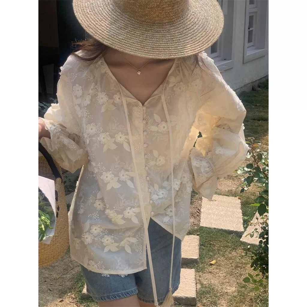 BeigeClothig✤｜𝑴𝒂𝒓𝒄𝒉.06 唯美立體刺繡花朵綁帶襯衫上衣