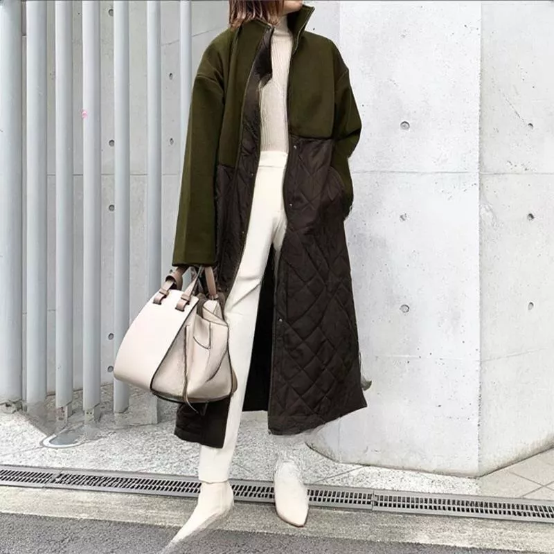 貓姐的網路商店~日系 高領落肩長袖拉鏈開衫棉服拼接大衣#38169~一件660元~預購款