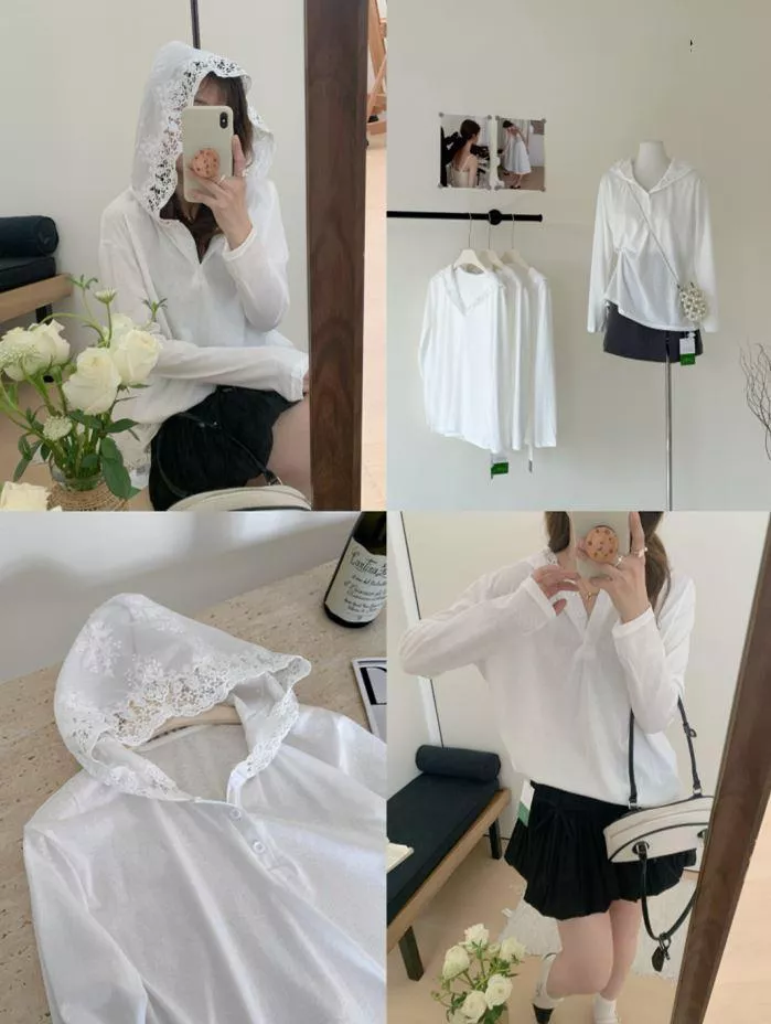 貓姐的網路商店~~韓 白色鉤花蕾絲拼接連帽T恤#38225~一件500元~預購款