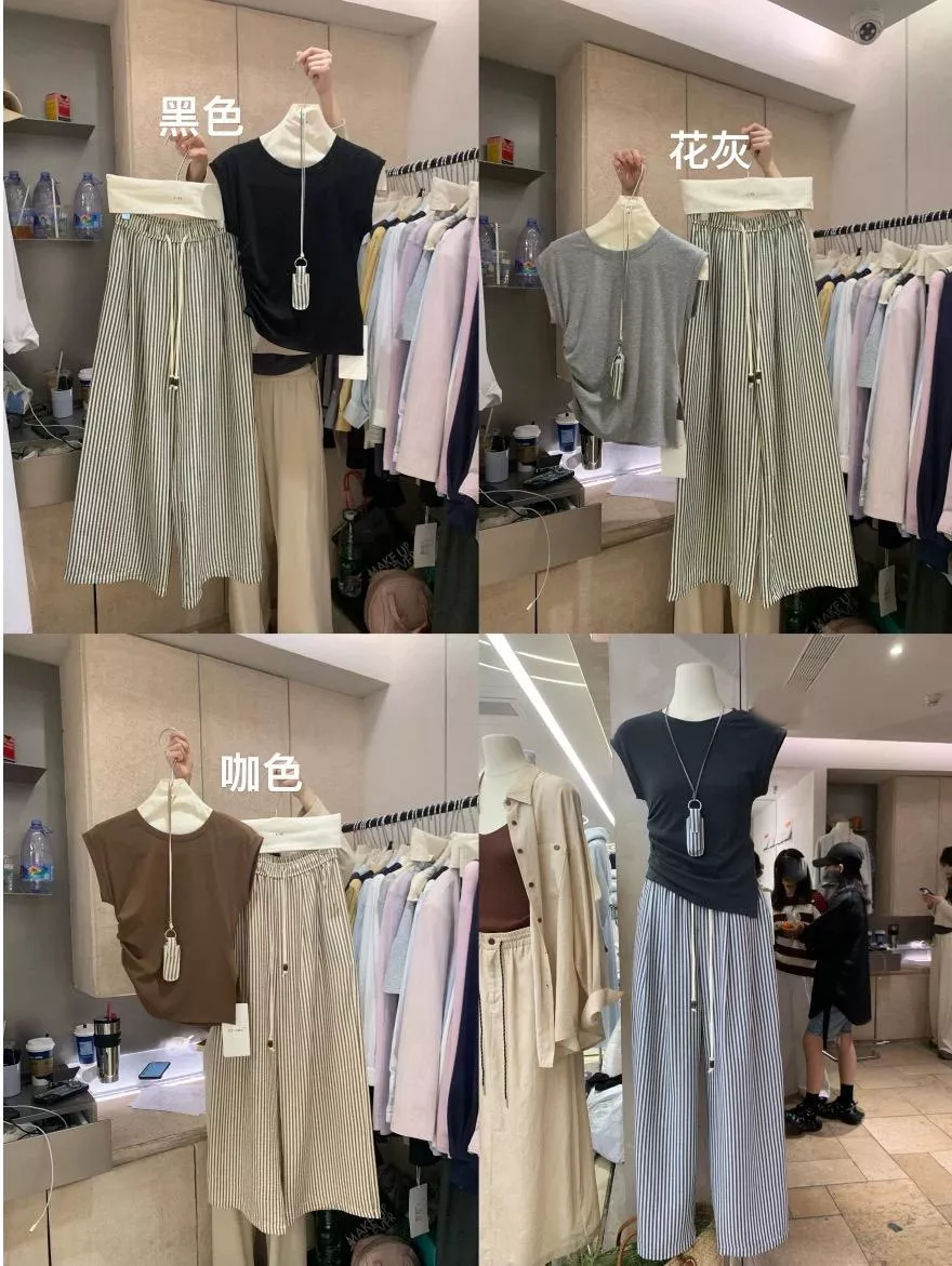貓姐的網路商店~韓 不規則T恤上衣+條紋闊腿褲+項鏈包 三件套裝#38466~3種顏色~一套600元~預購款