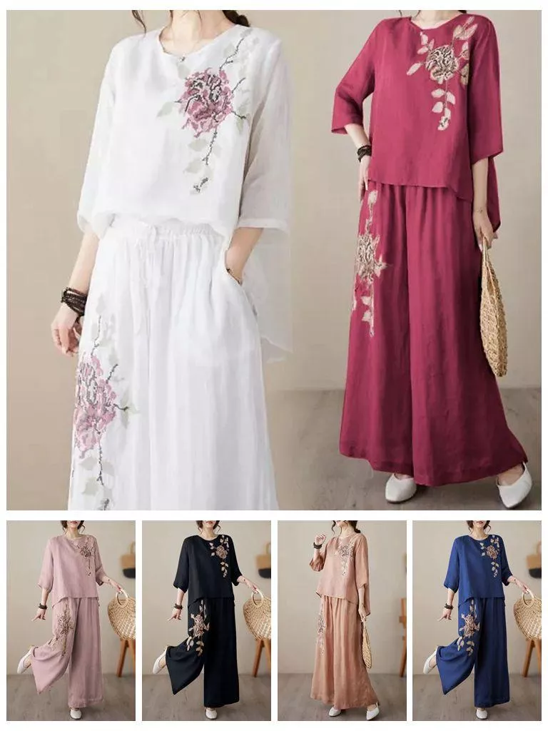 貓姐的網路商店~有中大尺碼~G7108棉麻復古刺繡套裝~6種顏色~M-4XL~一套450元~預購款
