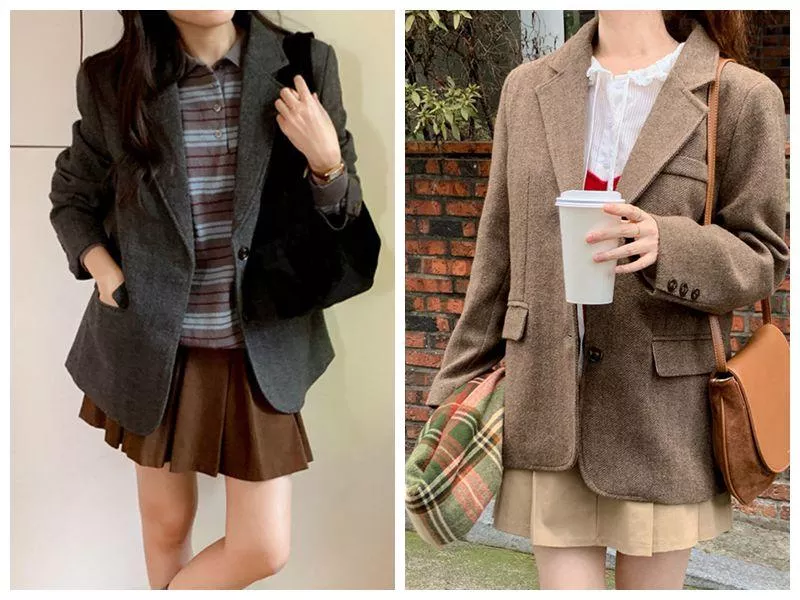 貓姐的網路商店~韓  ins人字斜紋毛呢西裝單排扣外套 #39359~2種顏色~一件800元~預購款