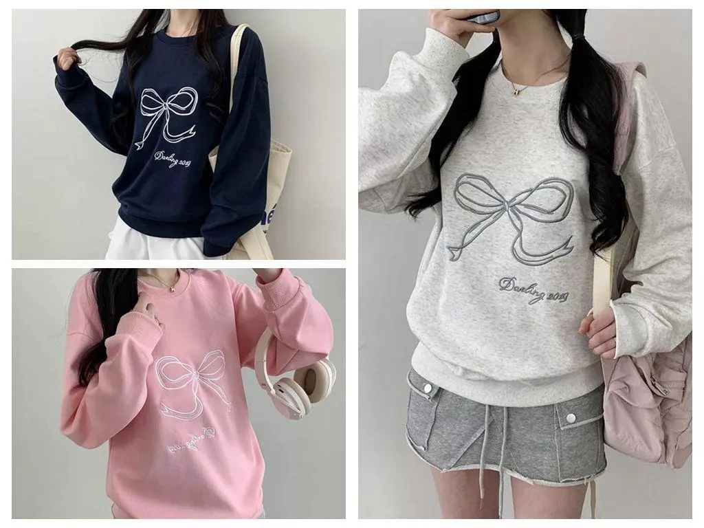 貓姐的網路商店~蝴蝶結刺繡圓領衛衣~3種顏色~M-2XL~一件390元~預購款