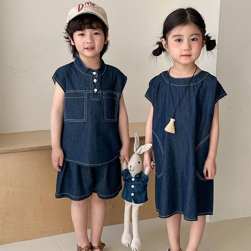 〔80-150〕日系深藍軟牛仔套裝/露背連身裙