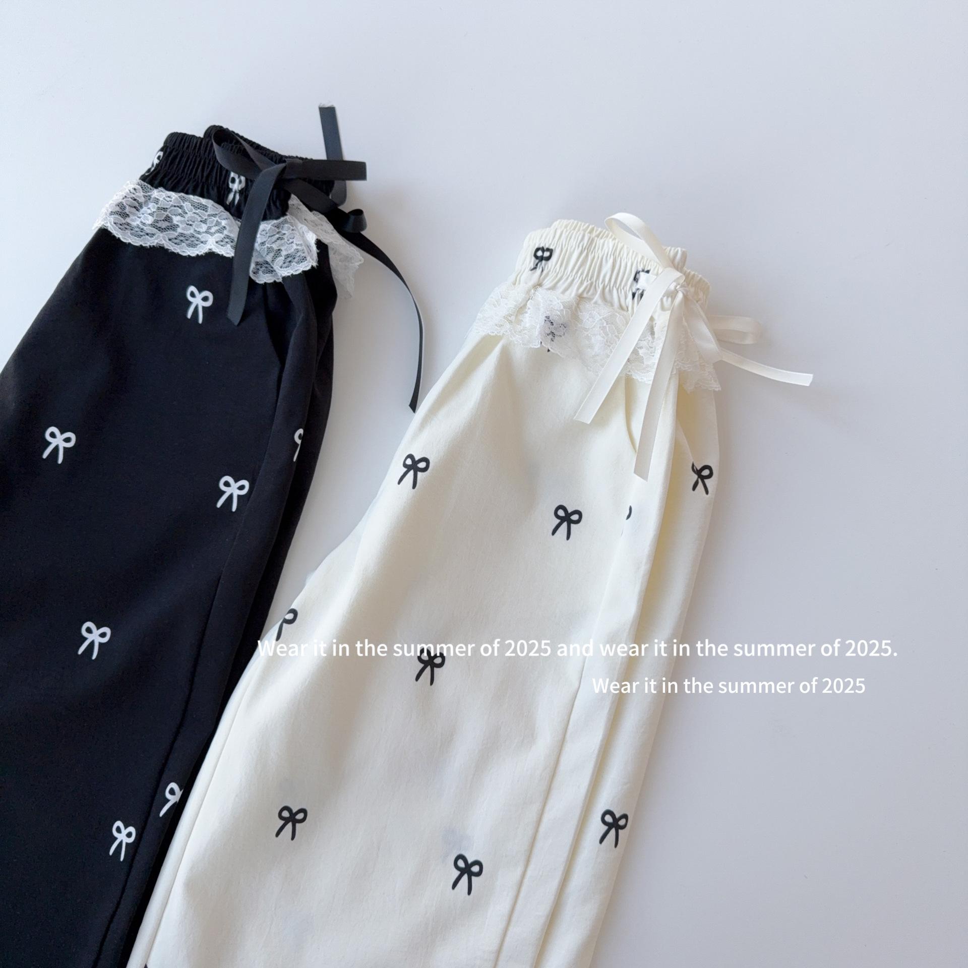 〔90-150〕甜美蕾絲花邊蝴蝶結印花寬褲