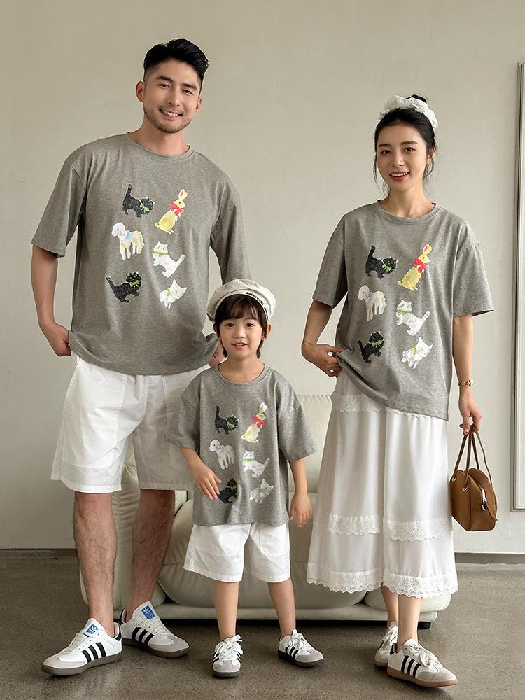 〔親子裝〕灰色彩繪動物印花短袖上衣