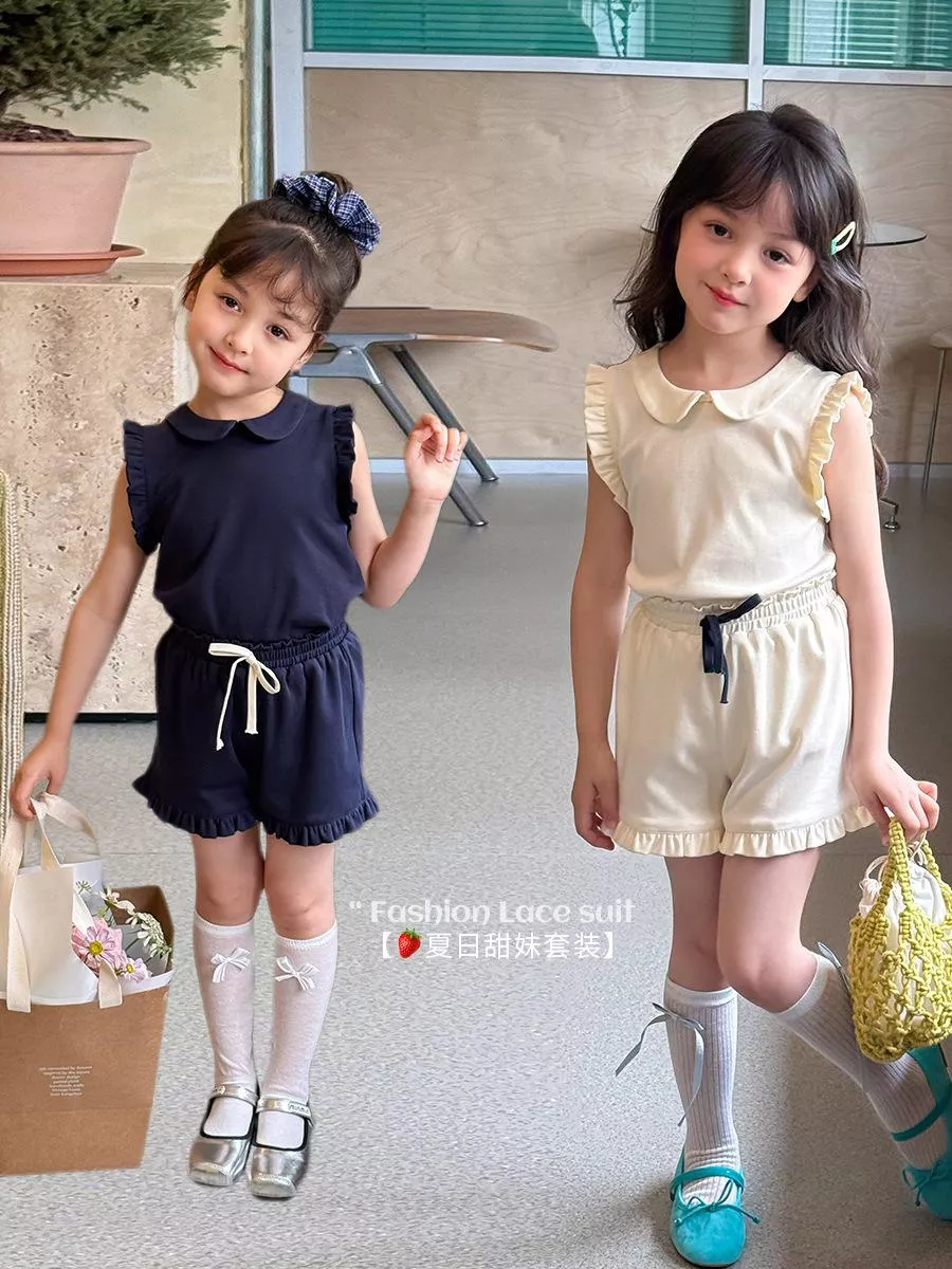 〔90-170〕甜妹娃娃領花邊無袖背心+短褲套裝