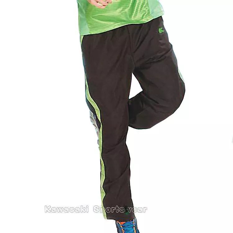 【日本名牌 KAWASAKI】 男女平織網裡運動長褲-黑綠#K218B