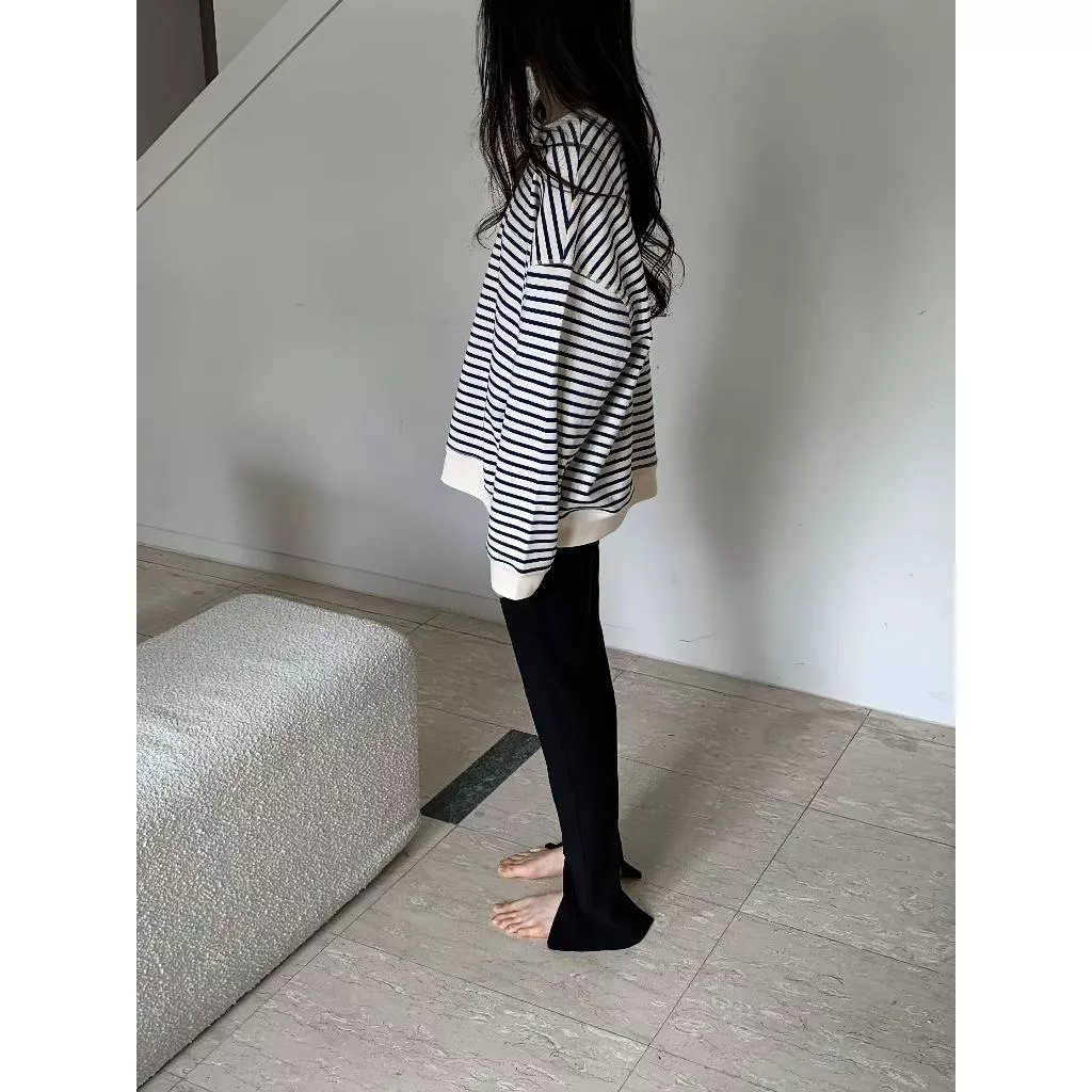 現貨 奶油條紋 落肩圓領 縫線長袖衛衣 2色