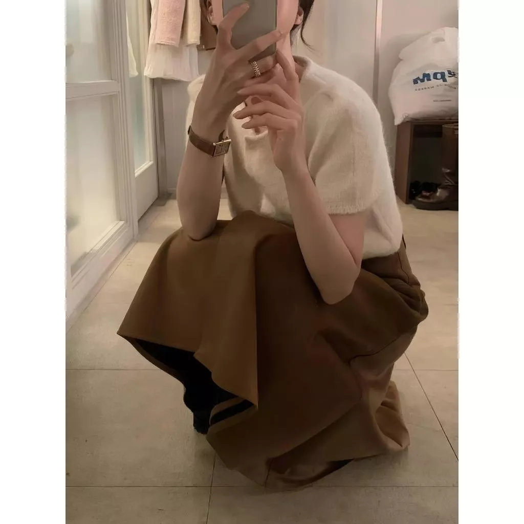 現貨-M Objet 氣質復古棕 絨面半身A字長裙