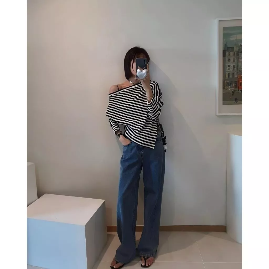 現貨-M 復古輕水洗 顯瘦長腿高腰牛仔寬褲