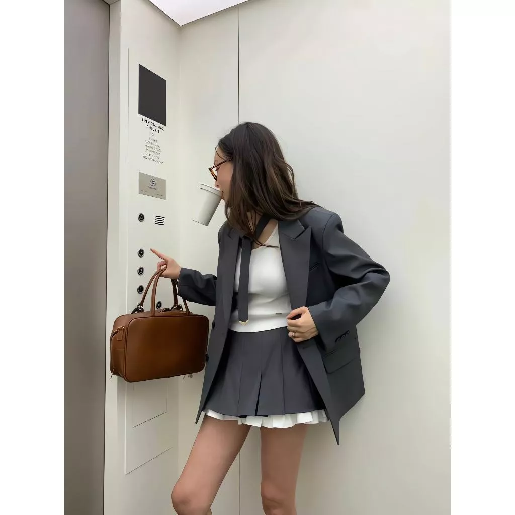 褲裙-黑S 現貨 Tom Girl春天盛開的百褶花苞褲裙 防走光迷你裙 西裝外套 2色