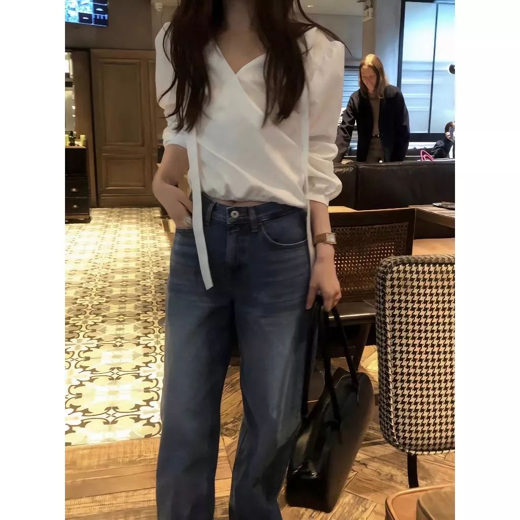 米白現貨 Objet 優雅設計感 V領條紋感長袖襯衫 2色