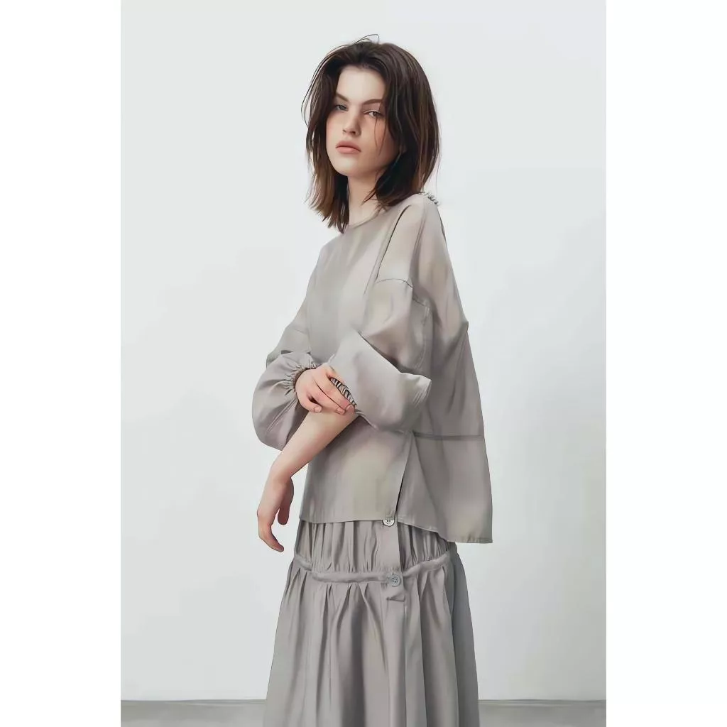 淺灰襯衫＋長裙Ｓ現貨 Re Bold 背綁帶圓領天絲襯衫 設計感抓皺顯瘦長洋裝 2色