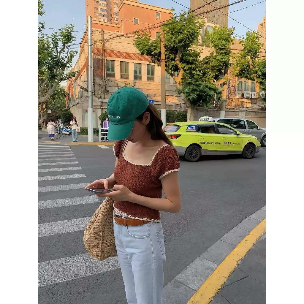 棕現貨 Tom Girl 奶油滾邊 澎袖綁帶針織短袖上衣