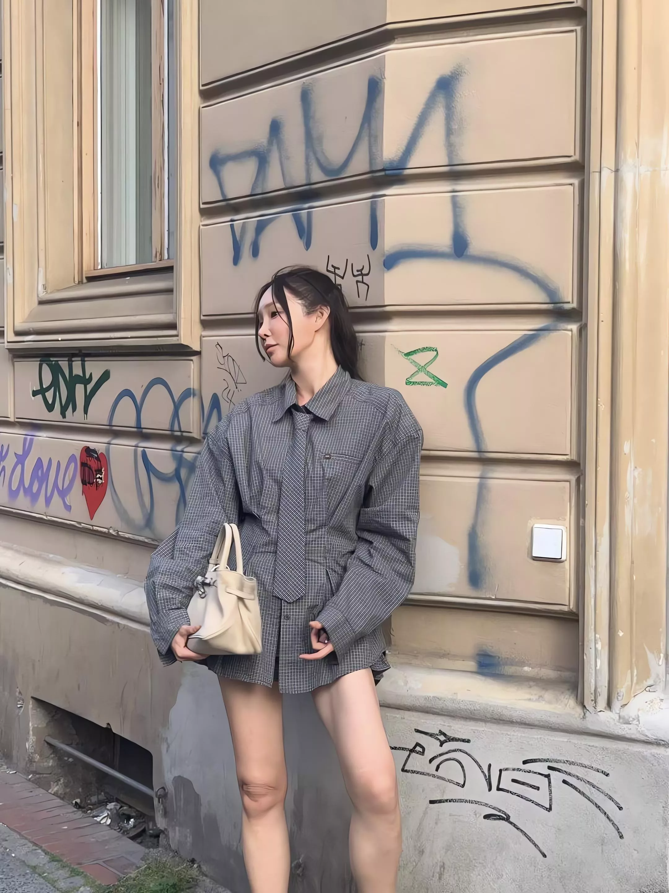 Tom Girl 格紋襯衫套裝 收腰領帶襯衫 荷葉短褲