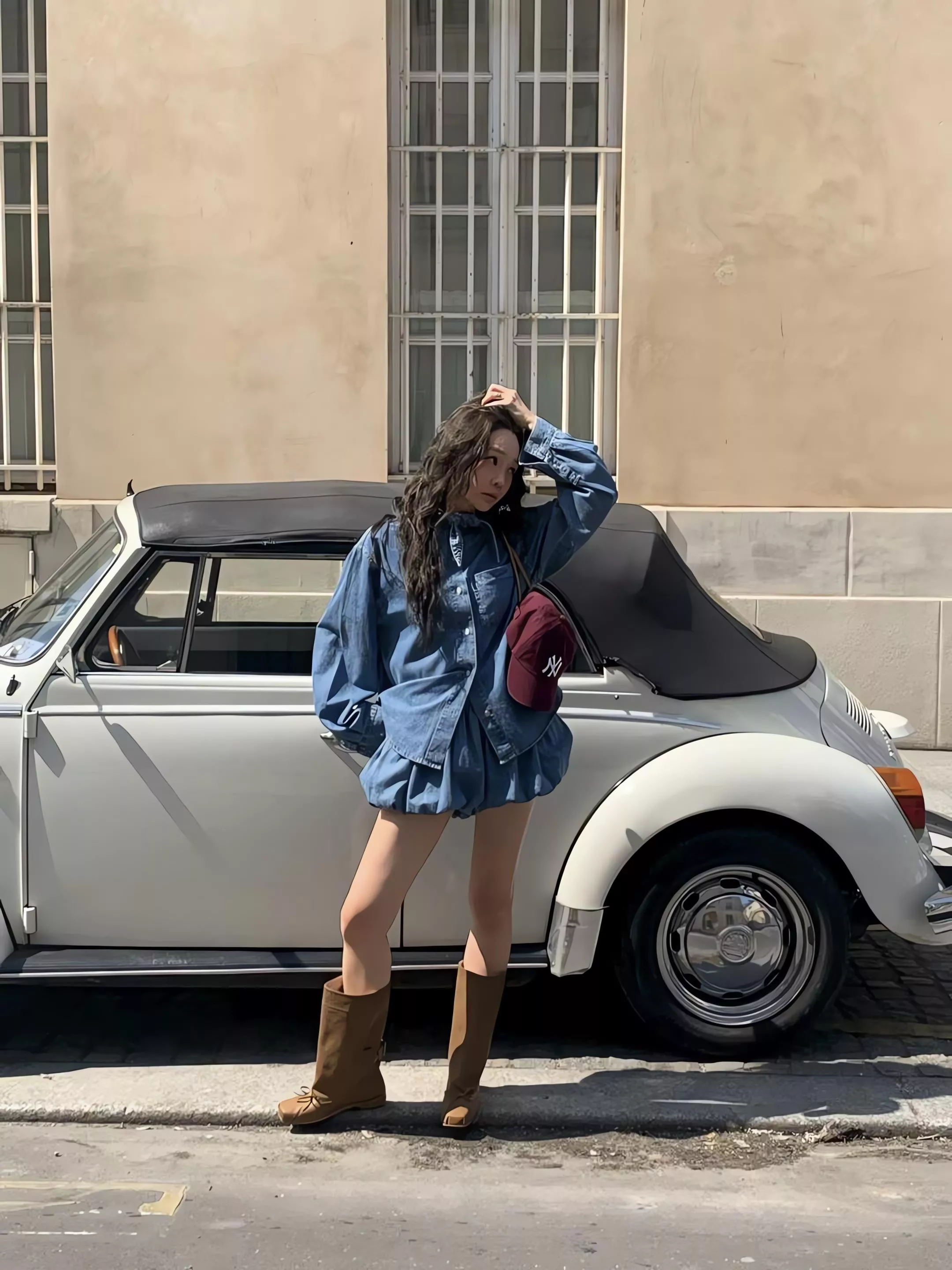 Tom Girl 牛仔襯衫短褲套裝 復古小領巾牛仔襯衫 燈籠短褲