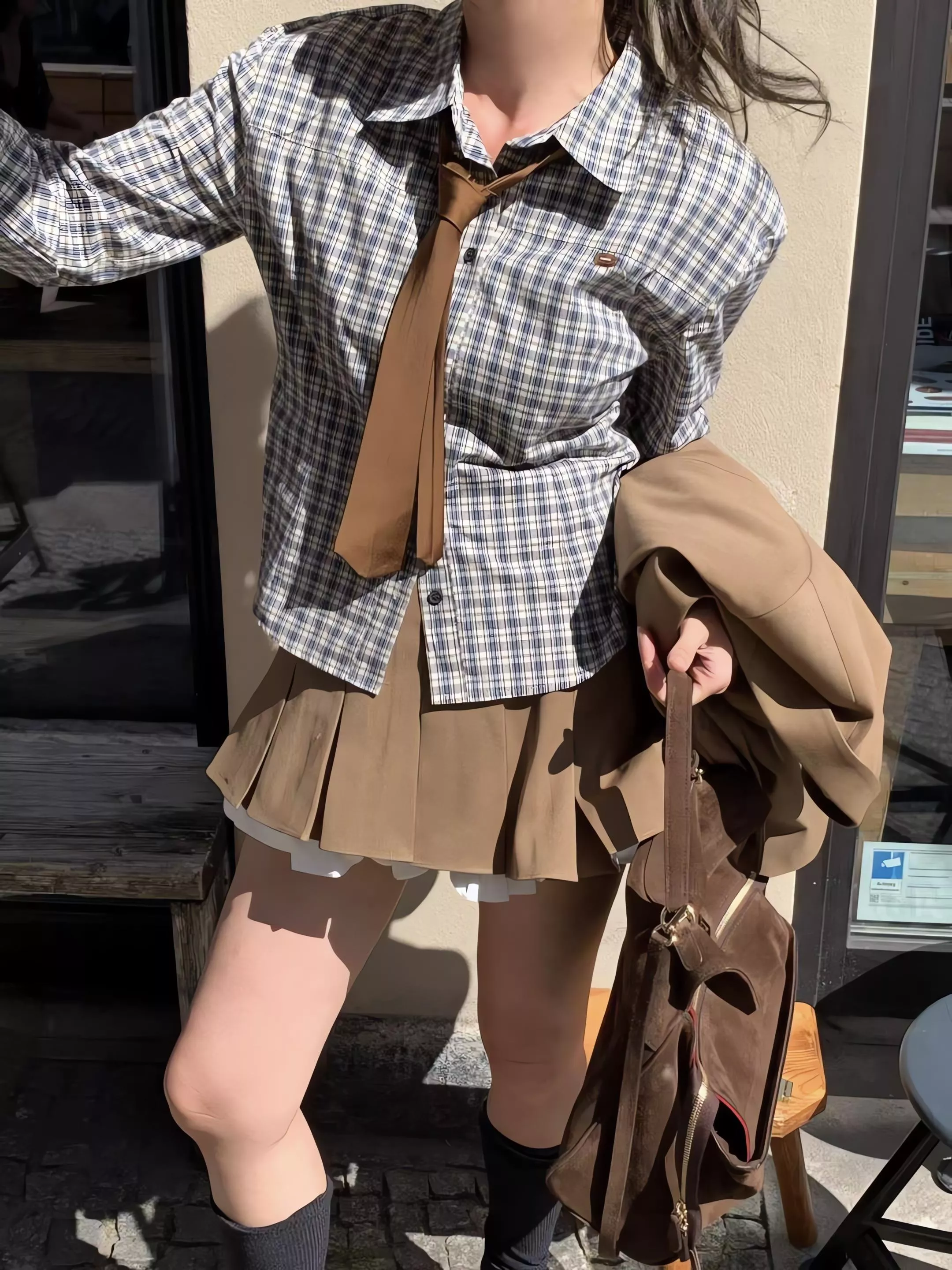 Tom Girl 學院風拼接百褶短褲裙