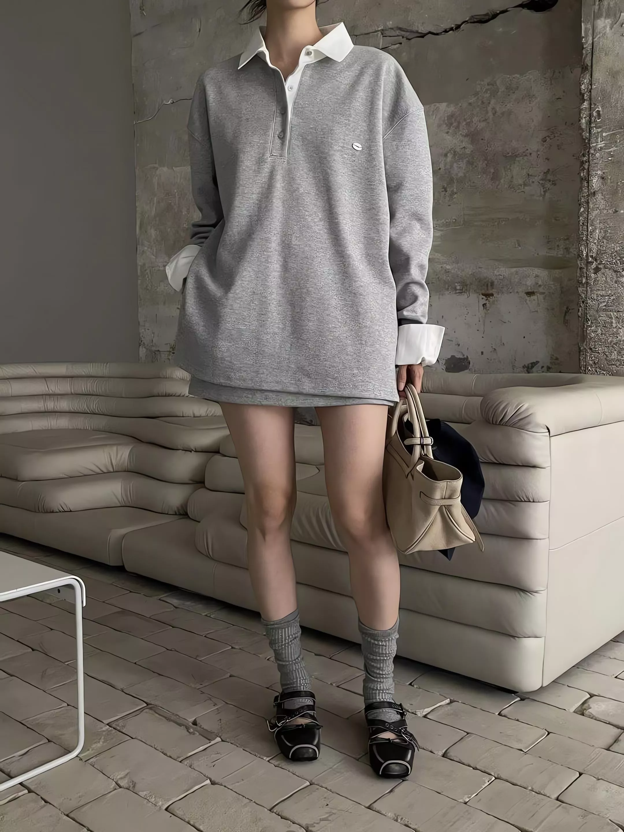 Tom Girl 休閒 Polo 褲裙套裝 品牌小標 襯衫袖翻領拼接 鬆緊腰造型排扣短褲裙