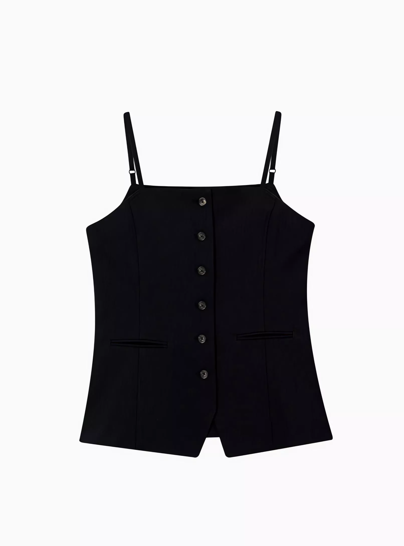 DONTBELATE 黑色設計感排扣 收腰修身 細肩帶背心上衣 西外套裝