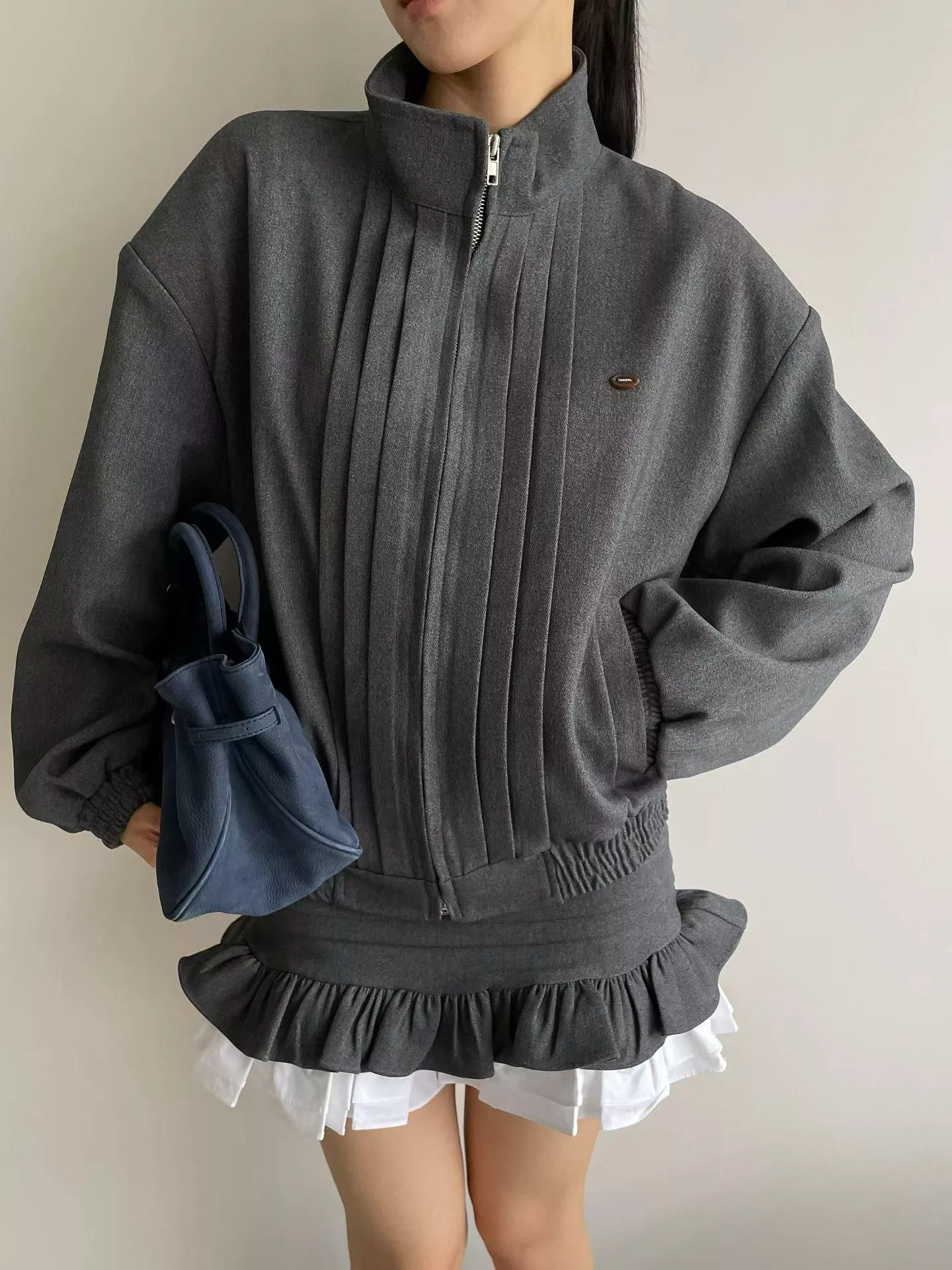 Tom Girl 設計感立體壓褶拉鍊夾克外套