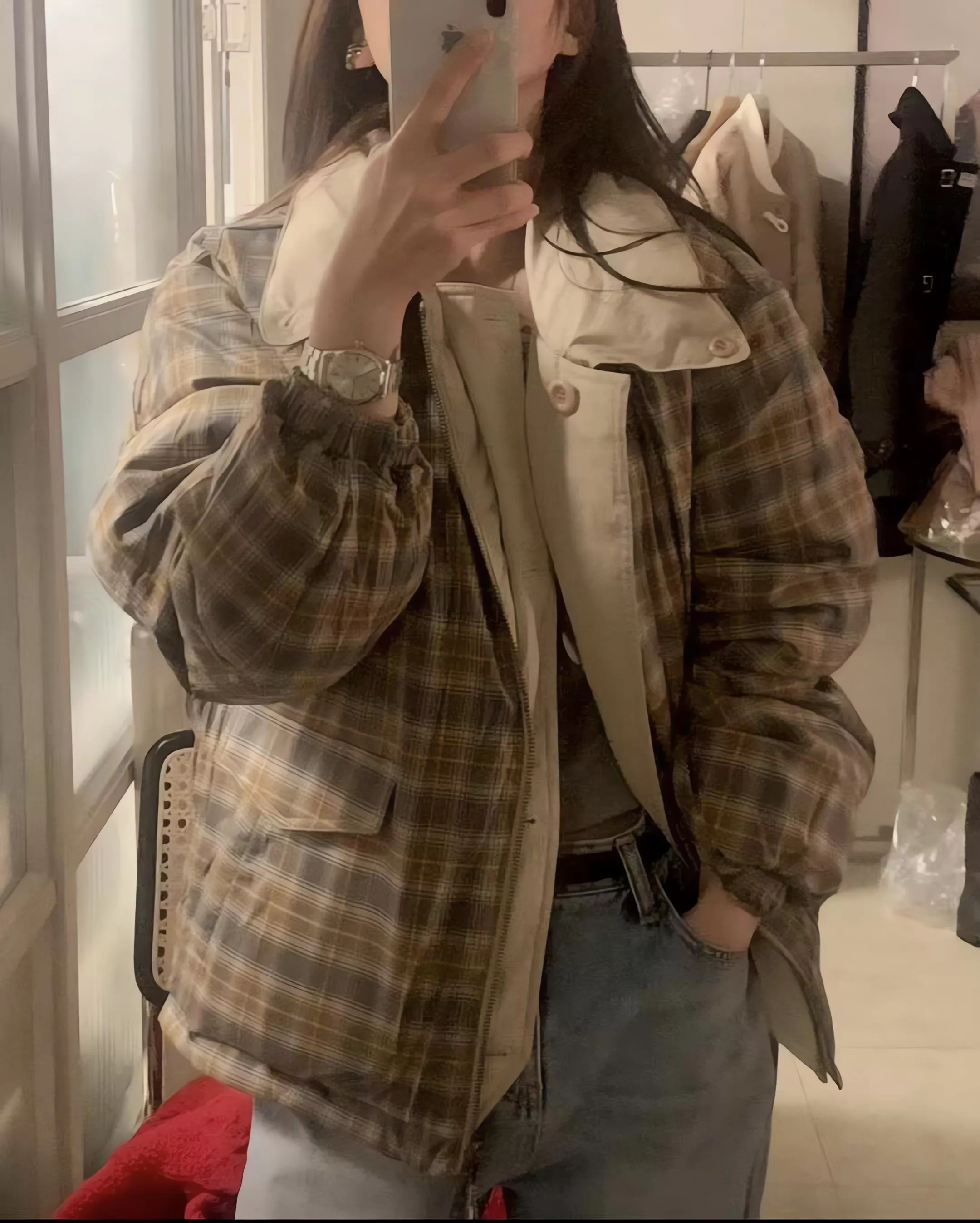 Objet x LoveUsU 兩面穿格紋鵝絨外套 羽絨外套