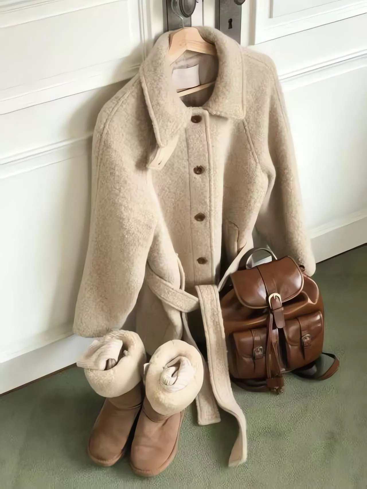 Pouch 羊圈毛立領腰帶大衣外套 羊毛大衣