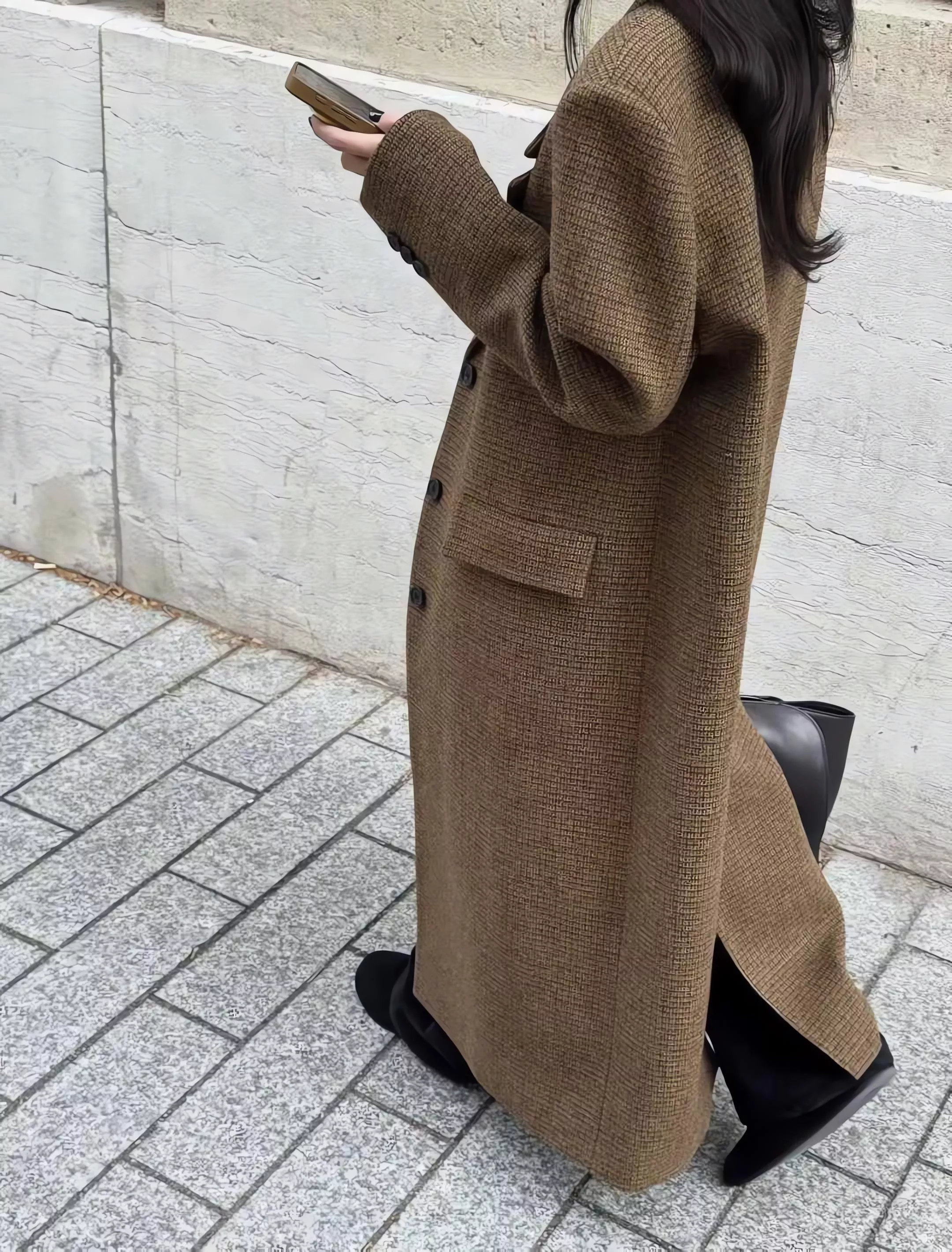 Outfit 復古棕色格紋 羊毛長大衣