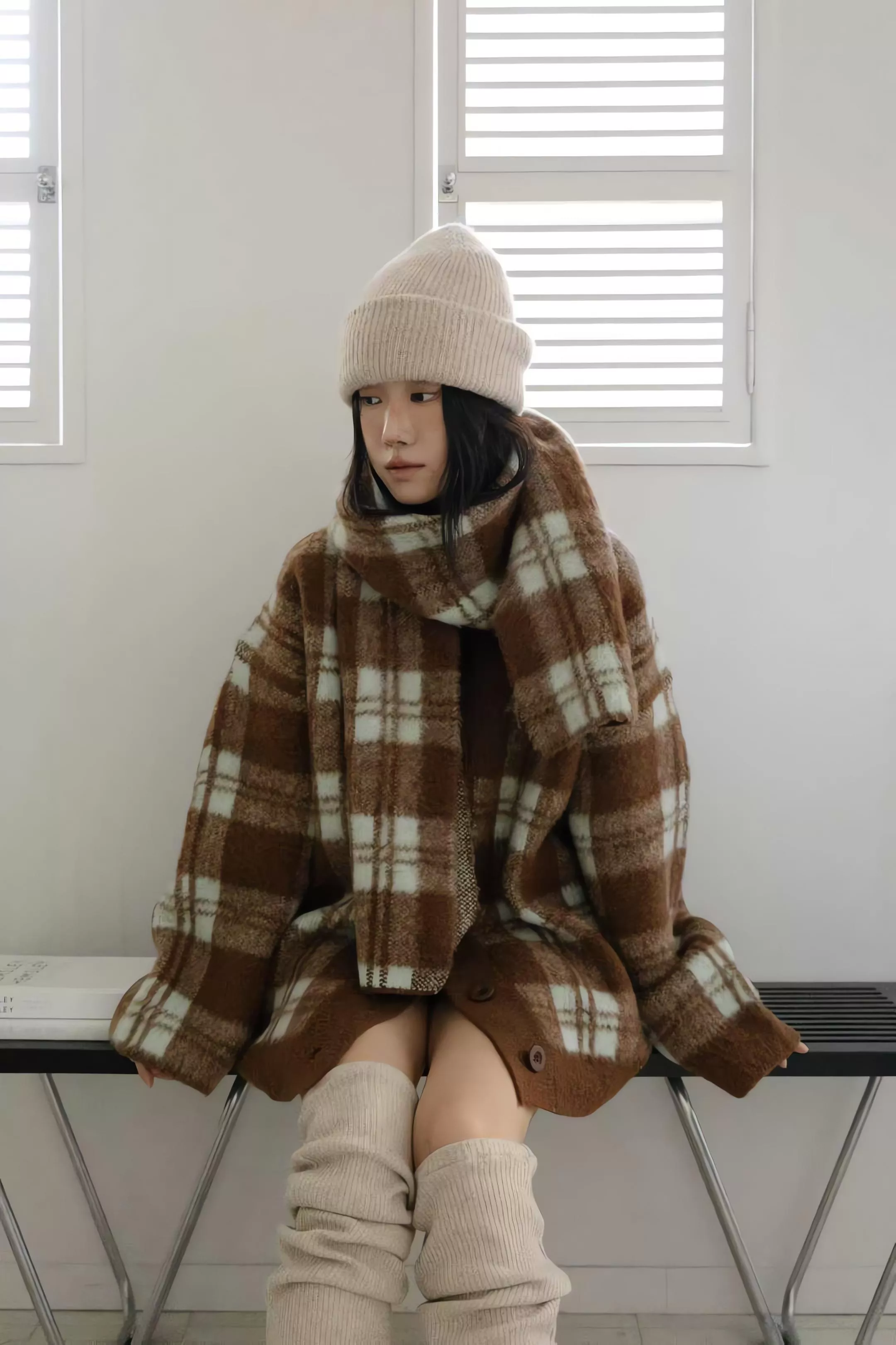 Tom Girl 蘇格蘭格紋針織組 毛呢針織開衫外套 寬版圍巾