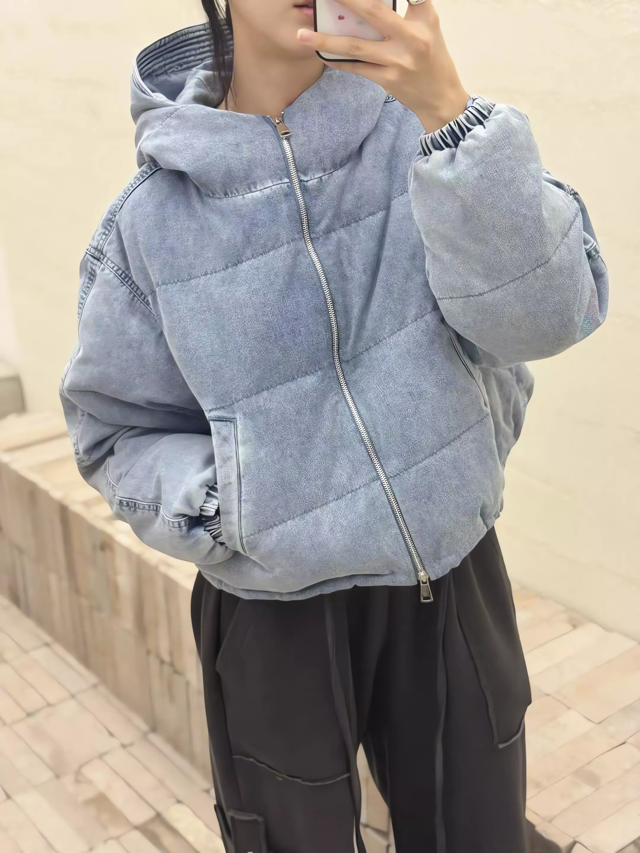 水洗牛仔連帽鴨絨外套 鴨絨90% 羽絨外套