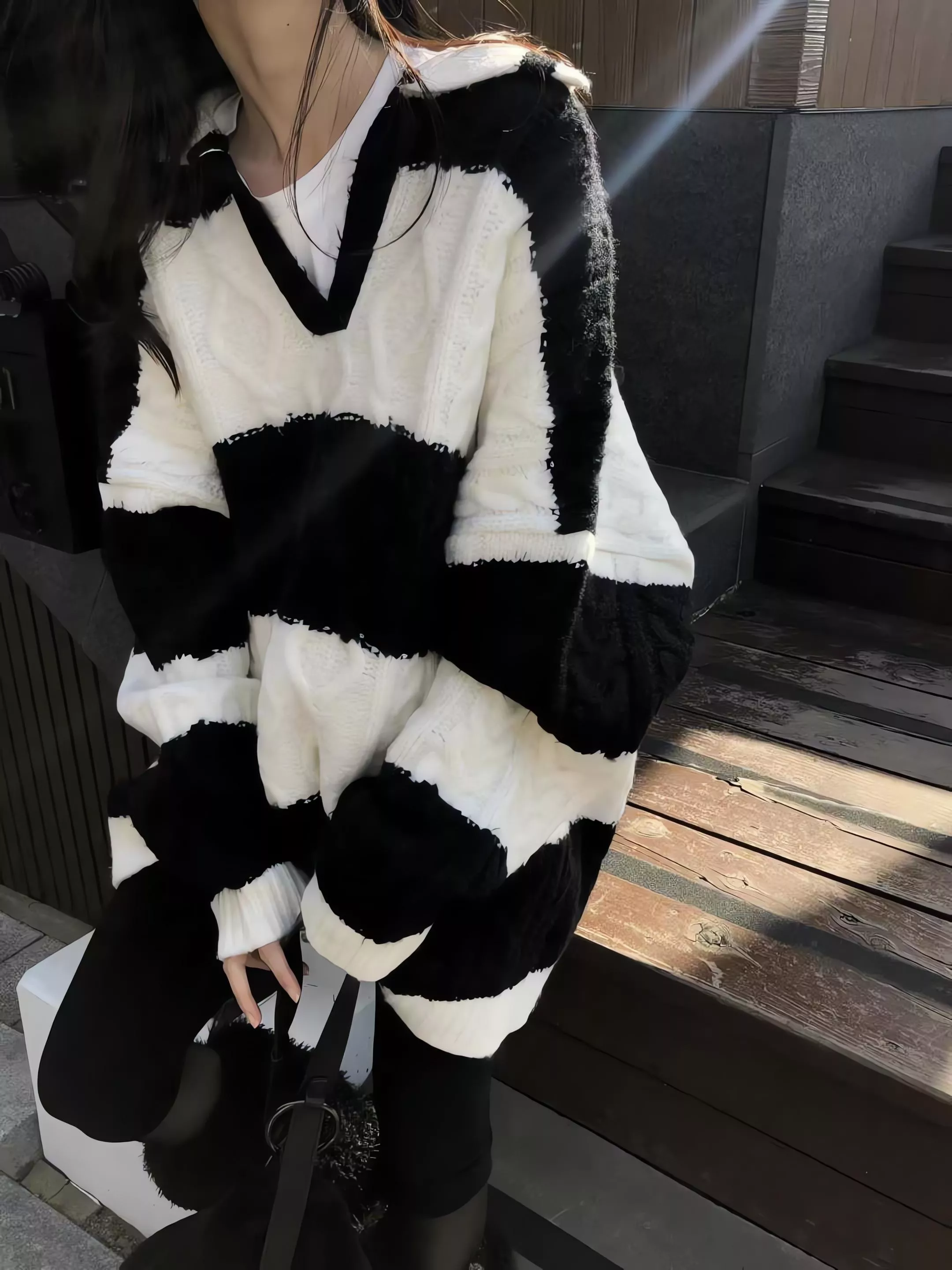 Tom Girl 條紋麻花長版羊毛針織衫