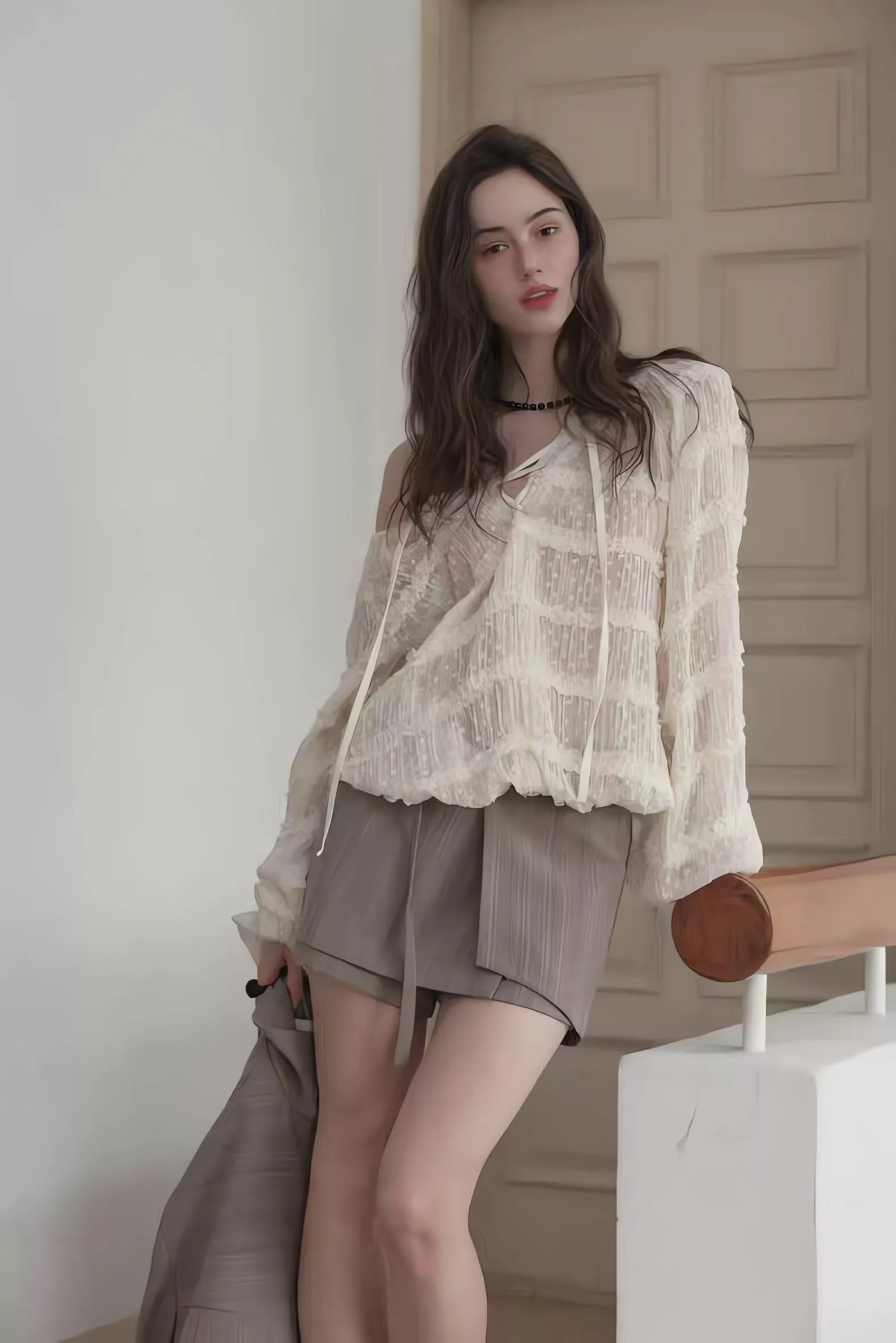 Murmur 法式浪漫 小香風織紋綁帶蕾絲襯衫