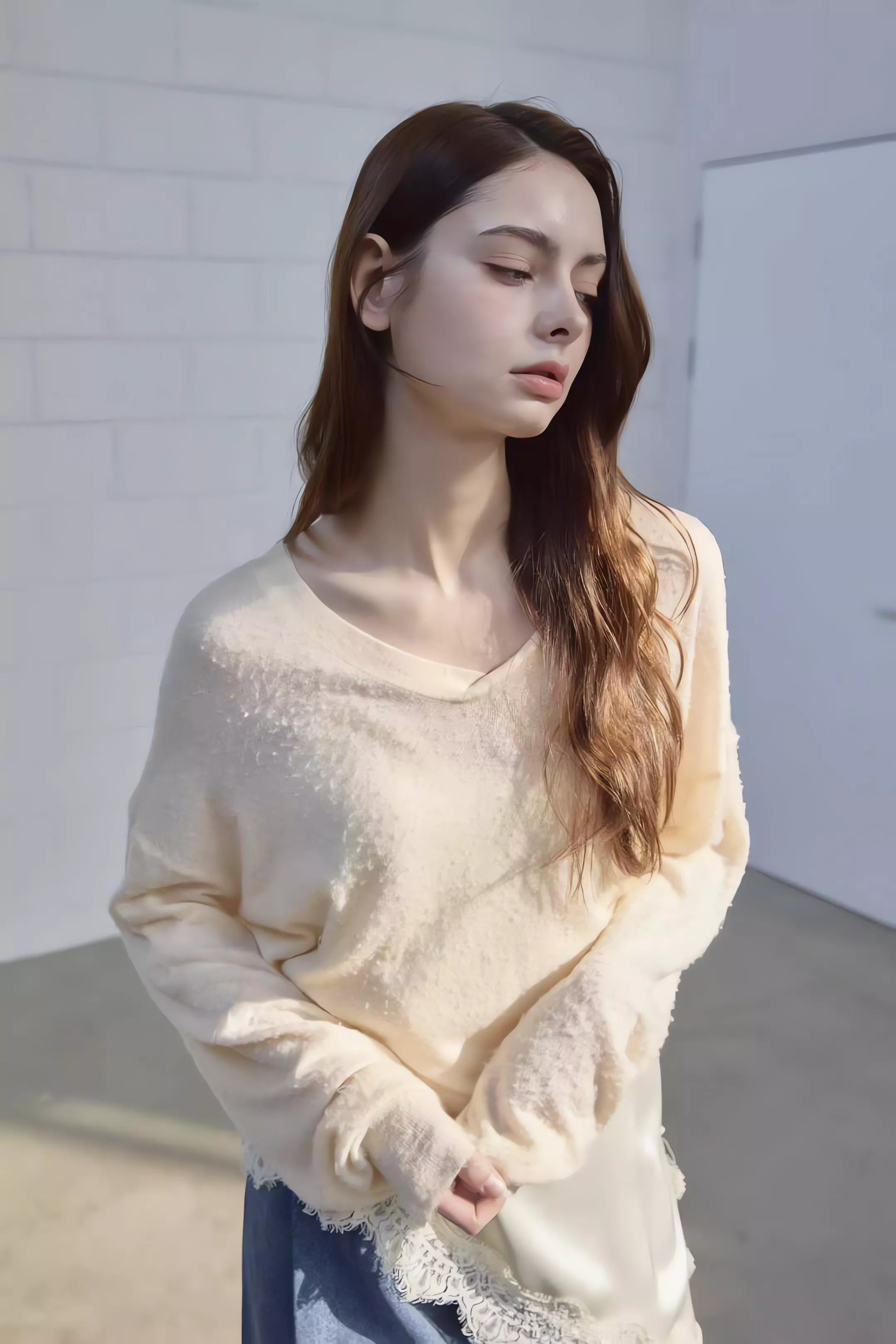 Mixxin Ｖ領顆粒磨毛美利奴羊毛針織衫