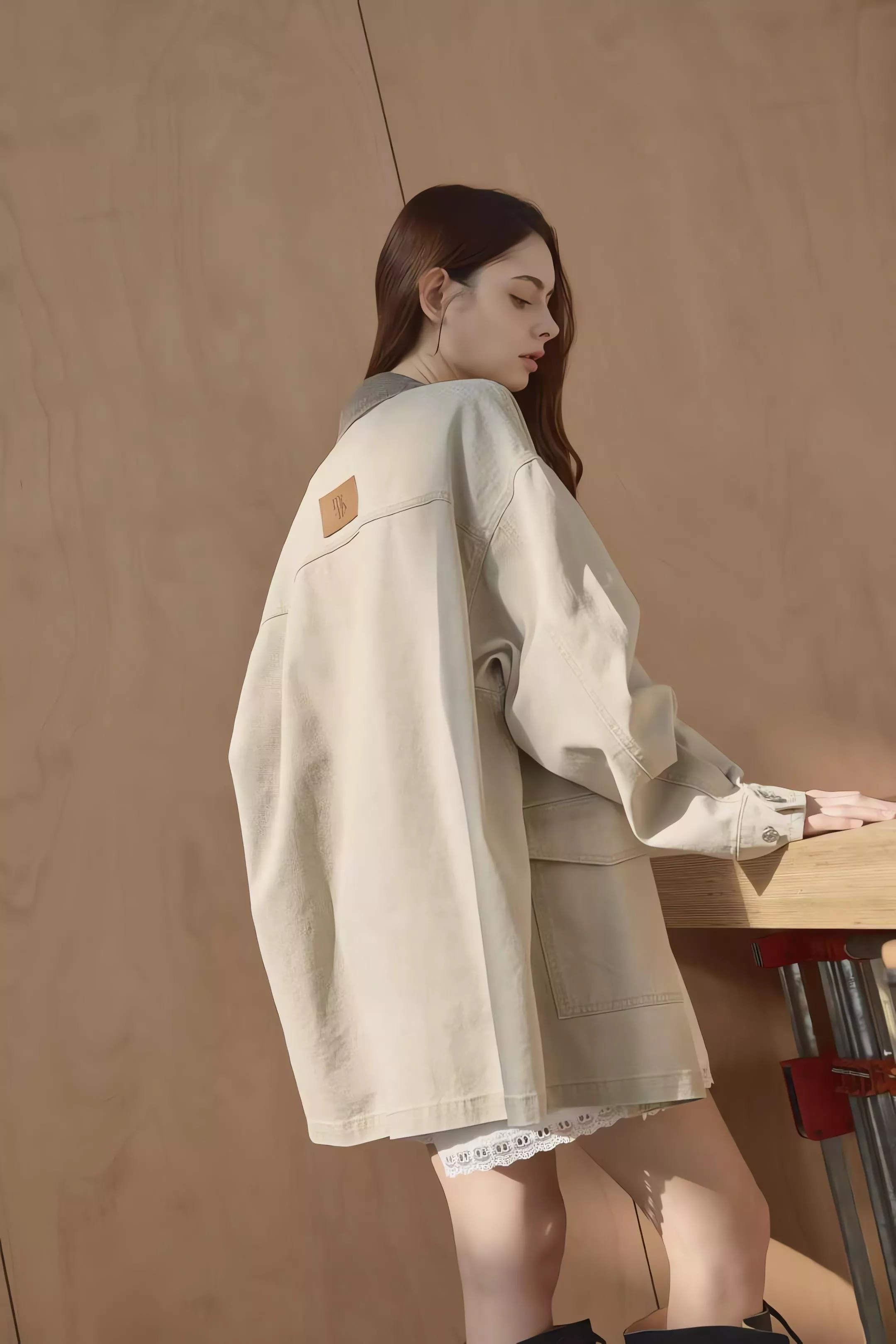 Mixxin 拼接領長版牛仔工裝外套 後皮標