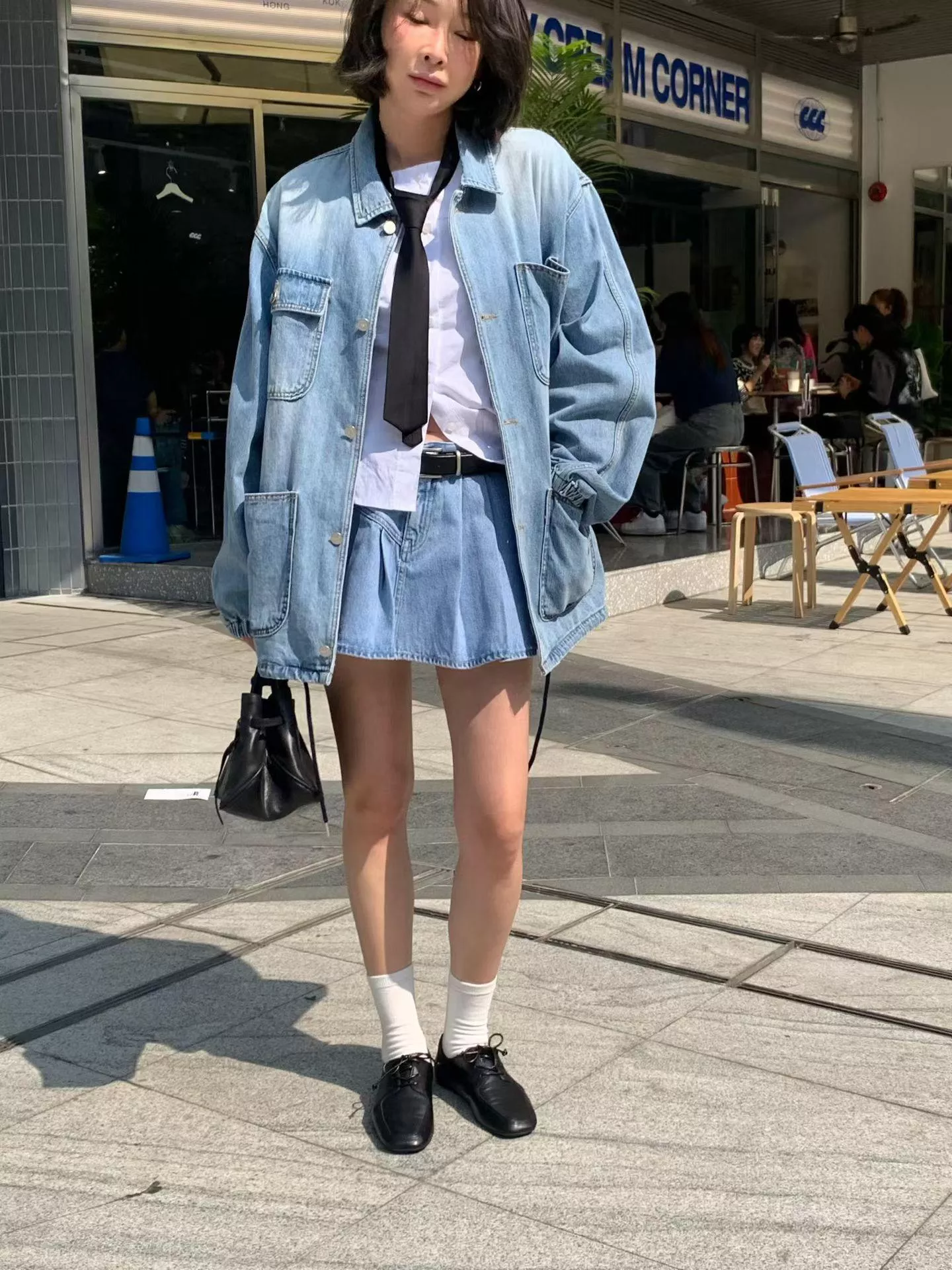 Tom Girl 半糖水洗丹寧套裝 長版牛仔工裝襯衫外套 百褶拼接A字短褲裙