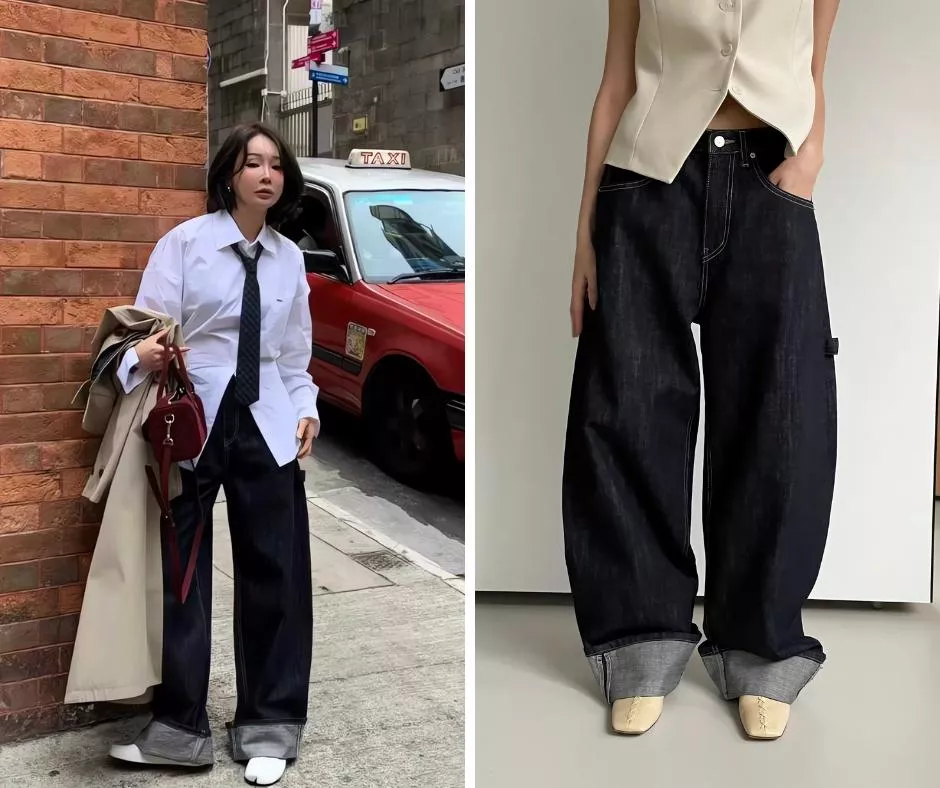 Tom Girl 不掉色反折丹寧工裝牛仔寬褲