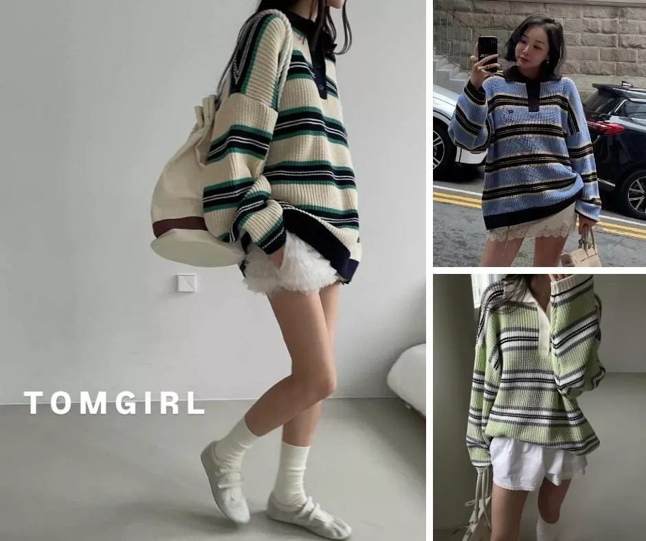 Tom Girl 慵懶美式復古・撞色條紋粗針織 POLO 衫