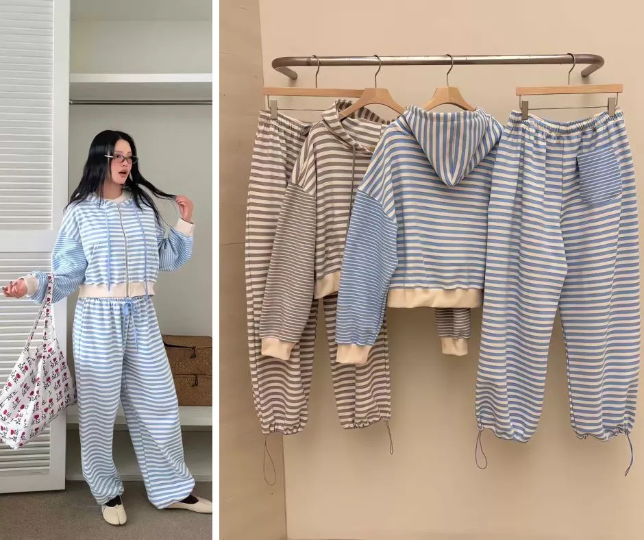 LAIVE 幾何條紋撞色拼接 連帽衛衣外套鬆緊腰長褲套裝