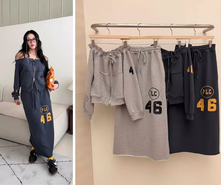 LAIVE 美式復古印花 一字領平口拉鍊衛衣 後開衩束口抽繩長裙兩件套