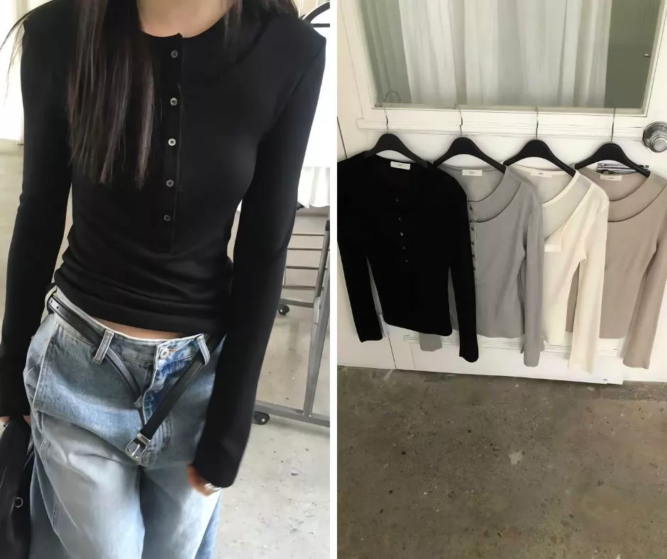 OVU 雙領排扣領層次修身薄長袖上衣