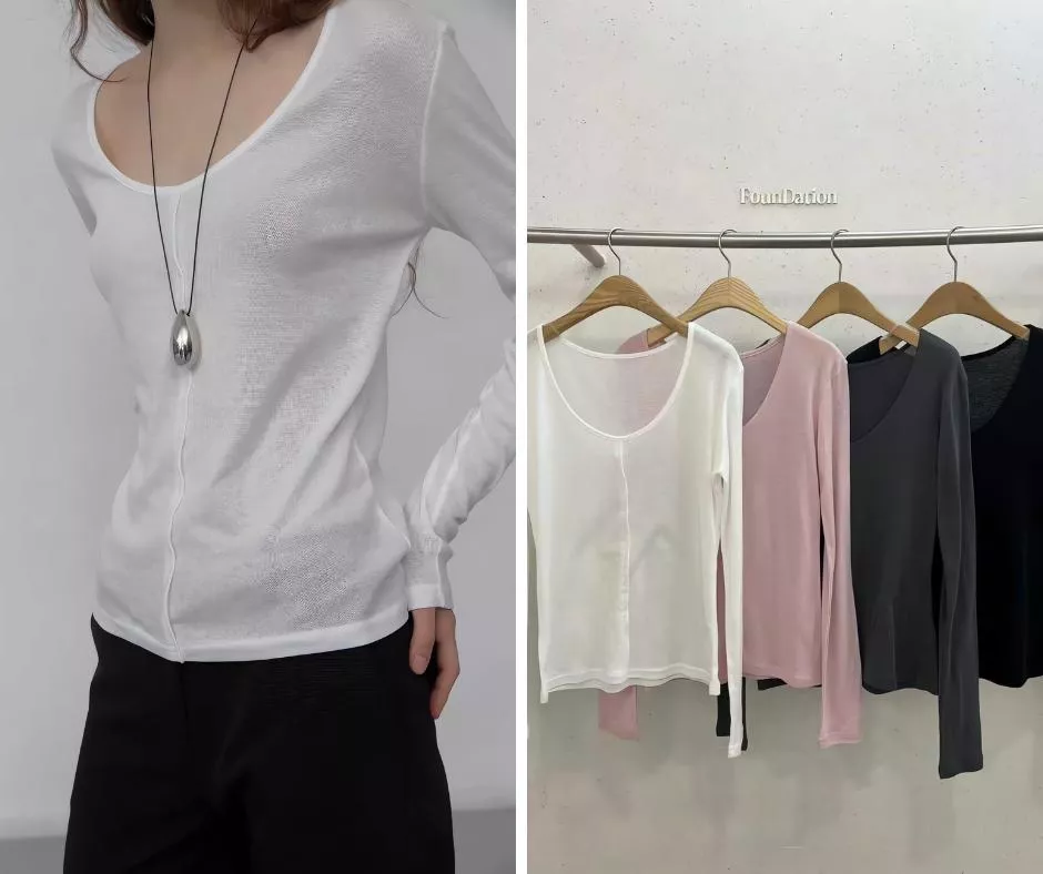 Foundation 雙面穿純色U領薄長袖 T