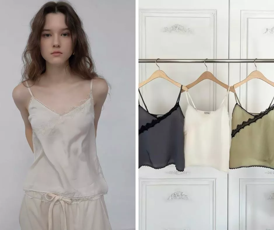 Foundation 質感蕾絲滾邊細肩帶雪紡背心